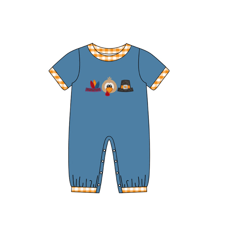 preorder SR1921 Thanksgiving turkey hat navy blue short sleeve boys romper