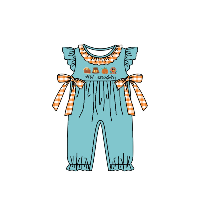 preorder SR1922 happy Thanksgiving turkey blue flutter sleeve girls romper