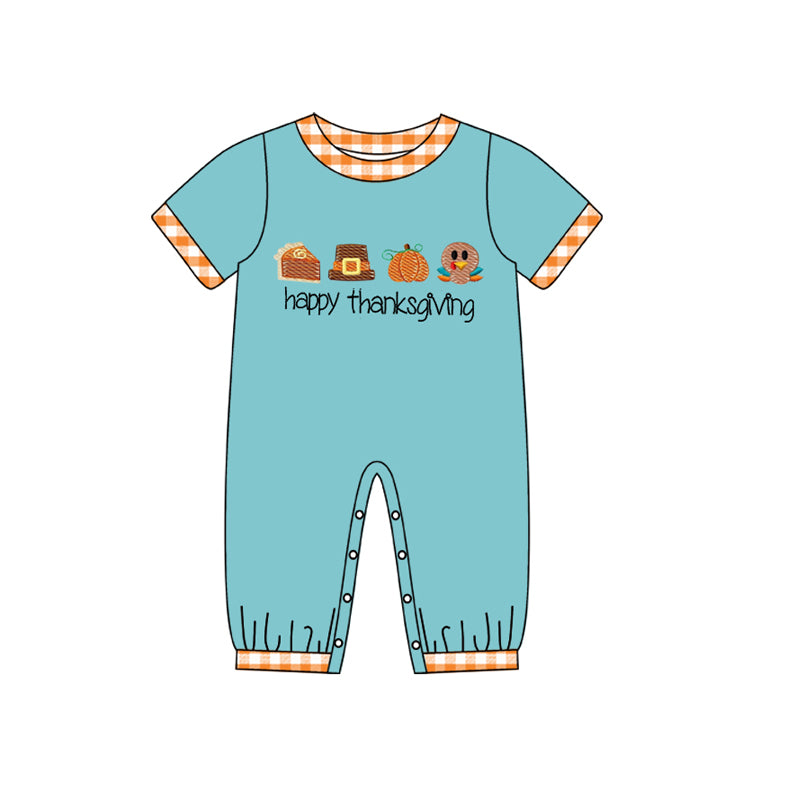 preorder SR1923 happy Thanksgiving turkey blue short sleeve girls romper