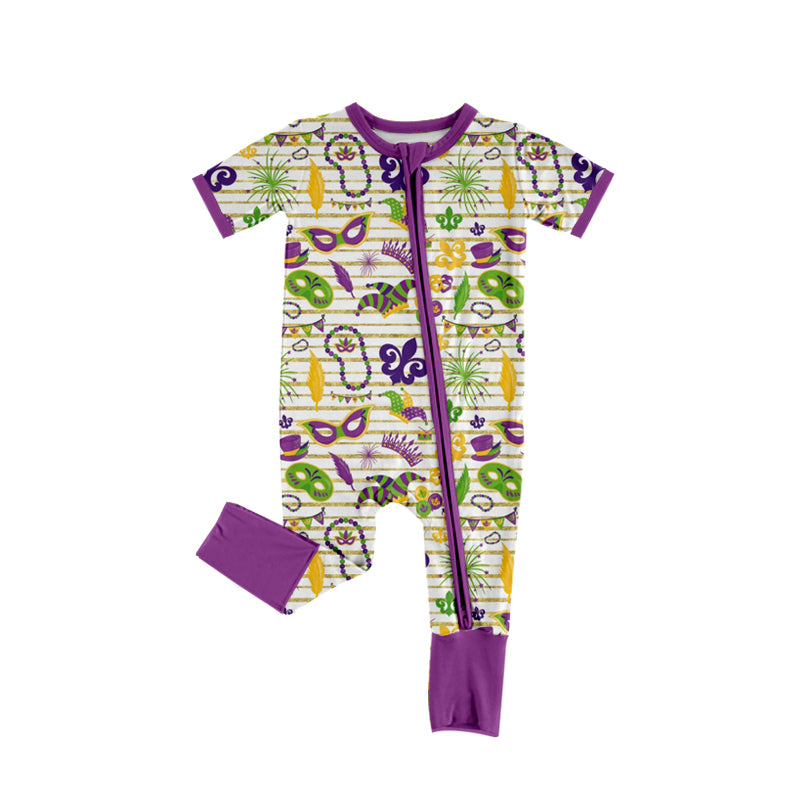 preorder SR1959 Mardi Gras mask purple short sleeve zipper boys romper