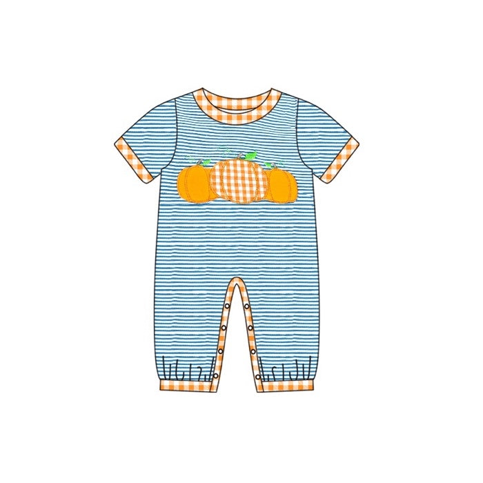 preorder SR1960 Autumn pumpkin blue striped short sleeve boys romper