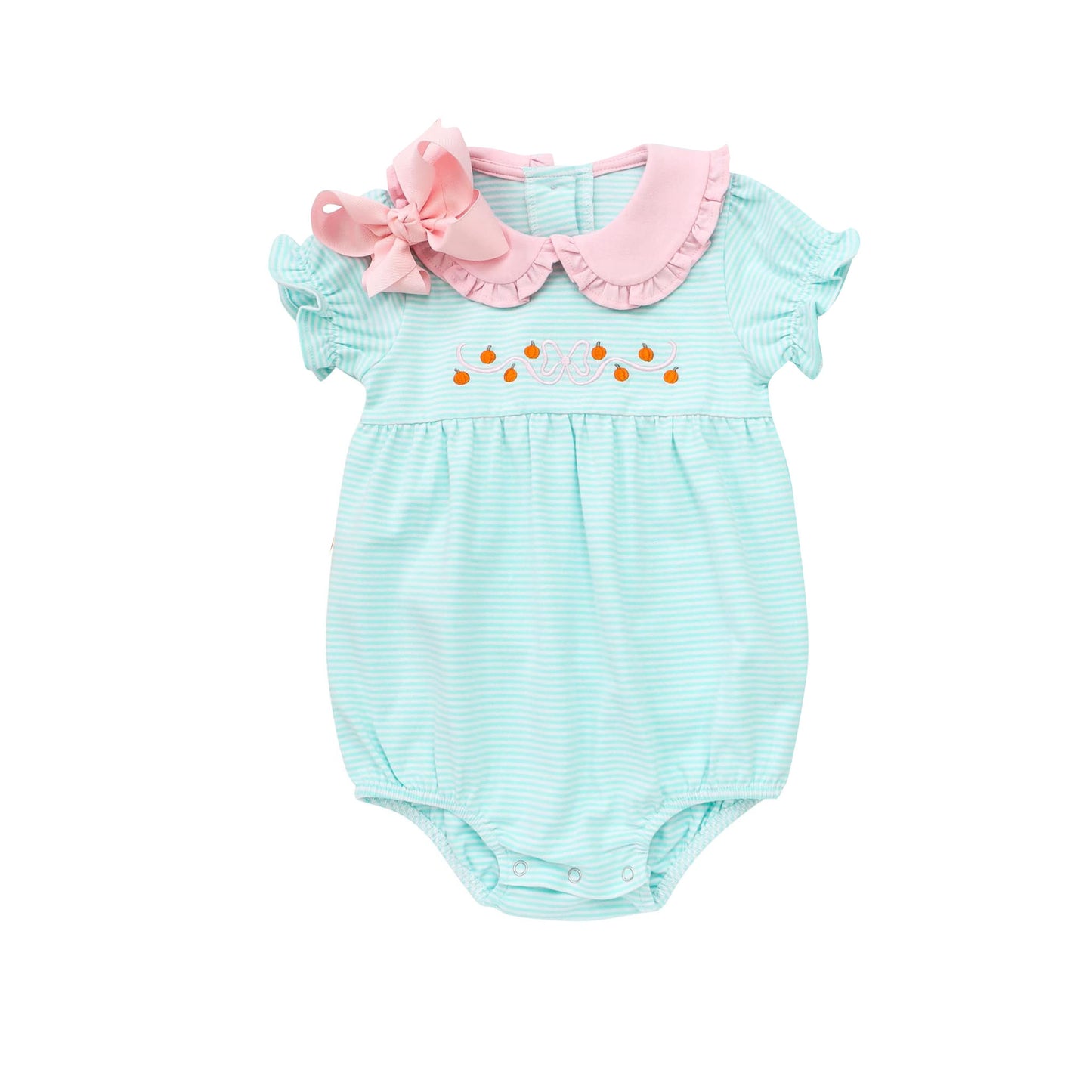 preorder SR1964 Autumn pumpkin green striped short sleeve girls romper
