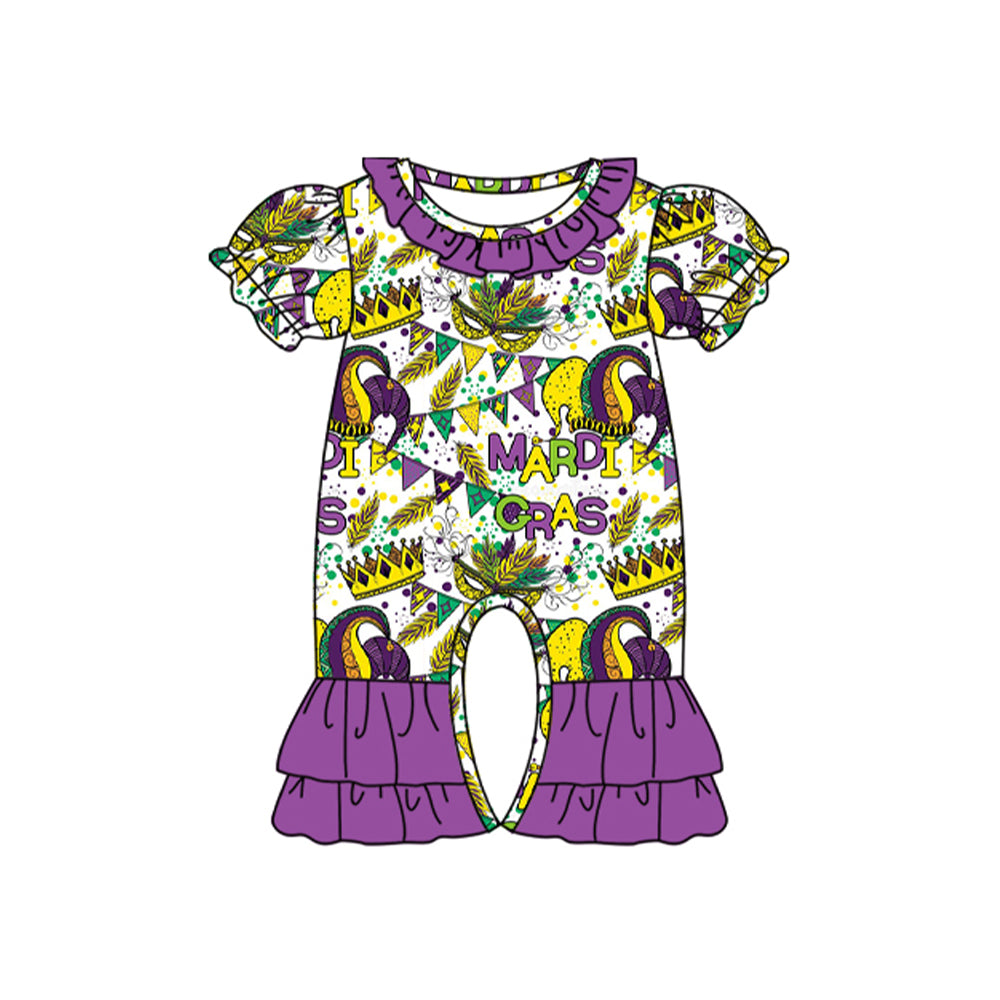 preorder SR2028 Mardi Gras mask crown purple short sleeve girls romper
