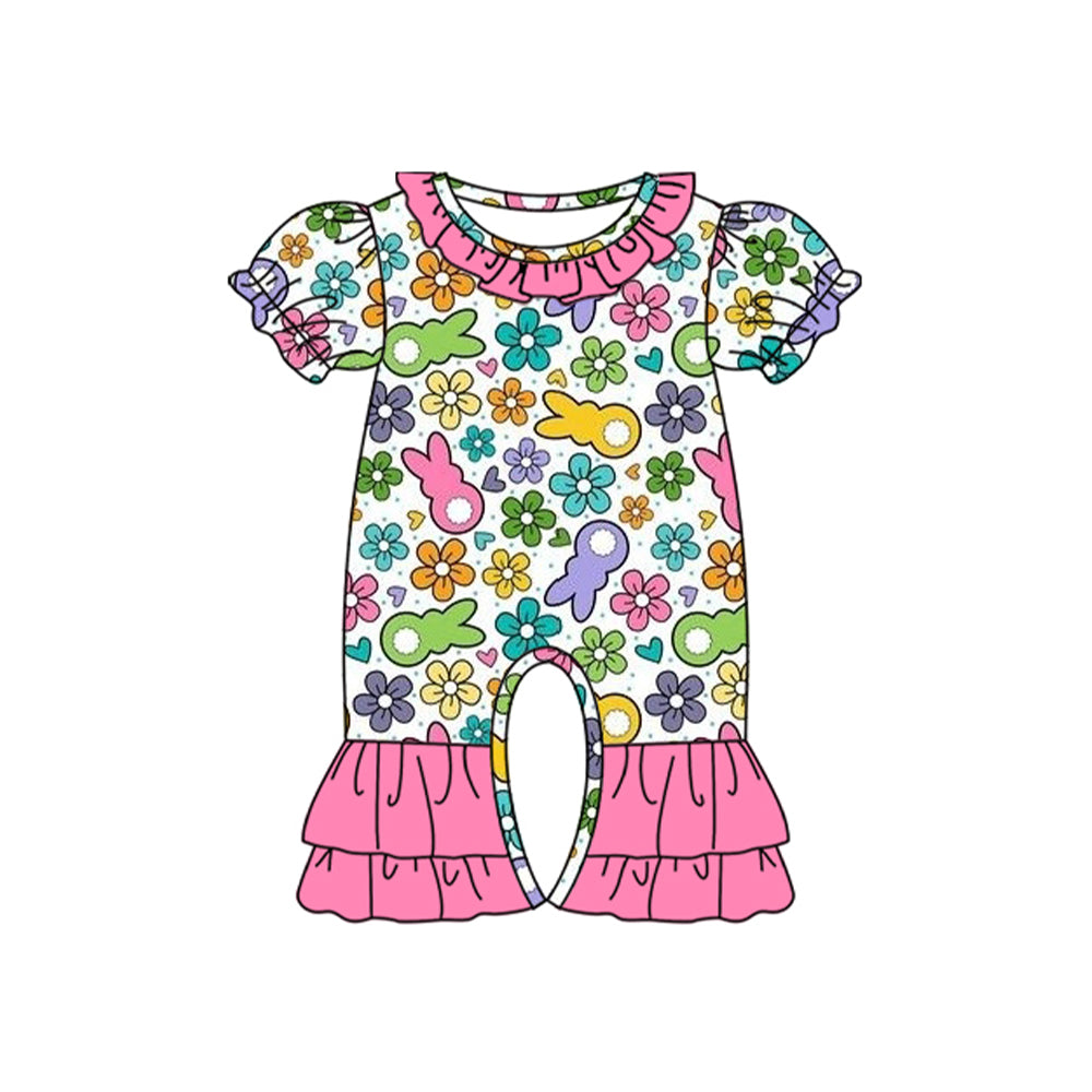 preorder SR2029 Easter colorful bunny rabbit flowers pink short sleeve girls romper