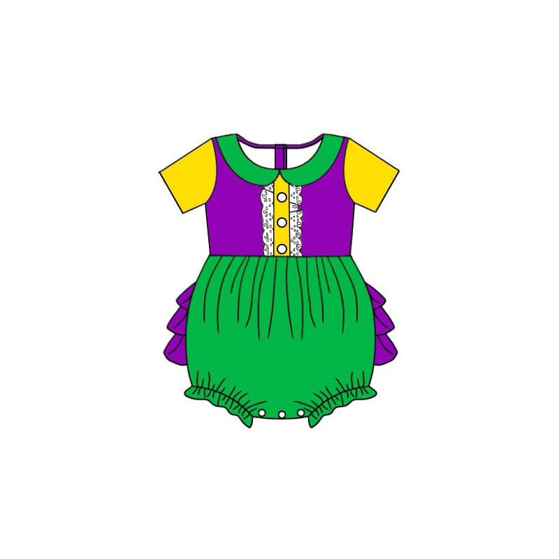 preorder SR2035 Mardi Gras purple green yellow short sleeve girls ruffles romper