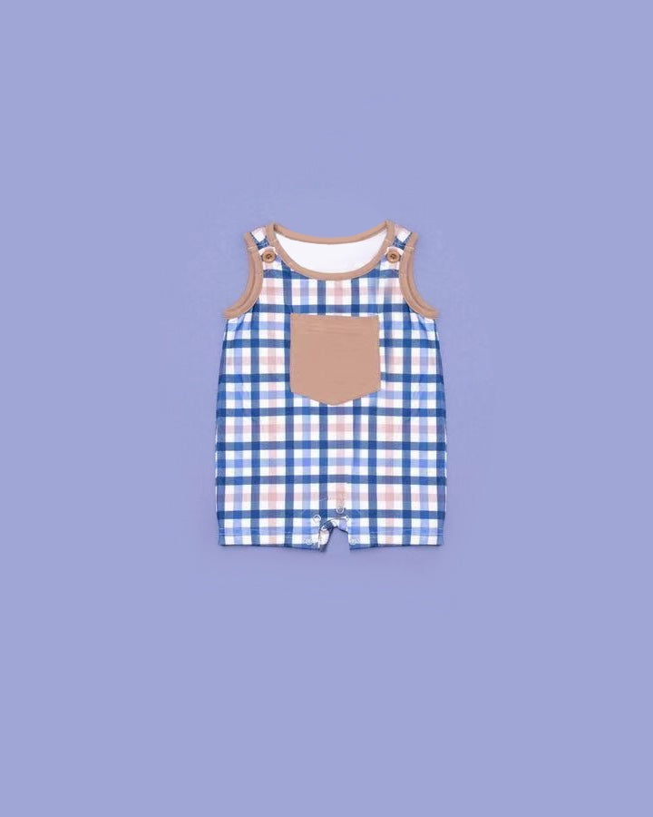 preorder SR2038 kgaki pocket blue checkered sleeveless boys romper