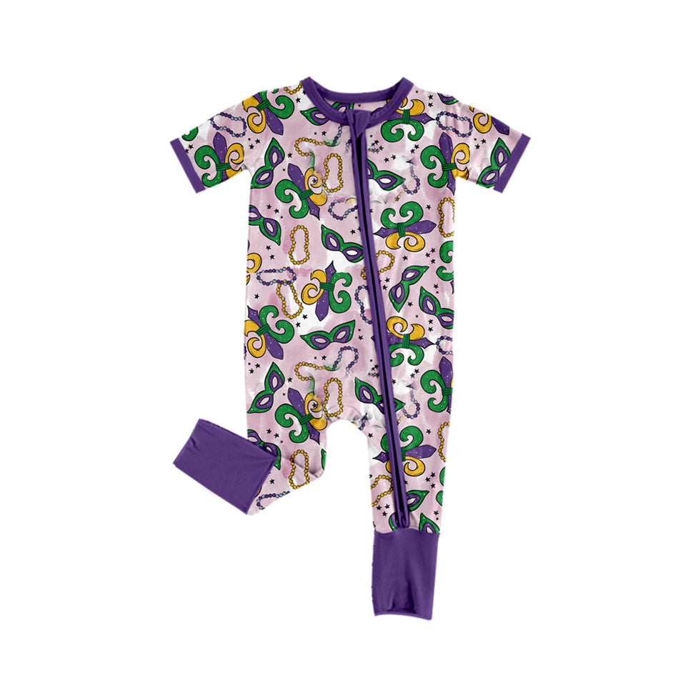 preorder SR2052 Mardi Gras mask purple pink short sleeve zipper girls romper