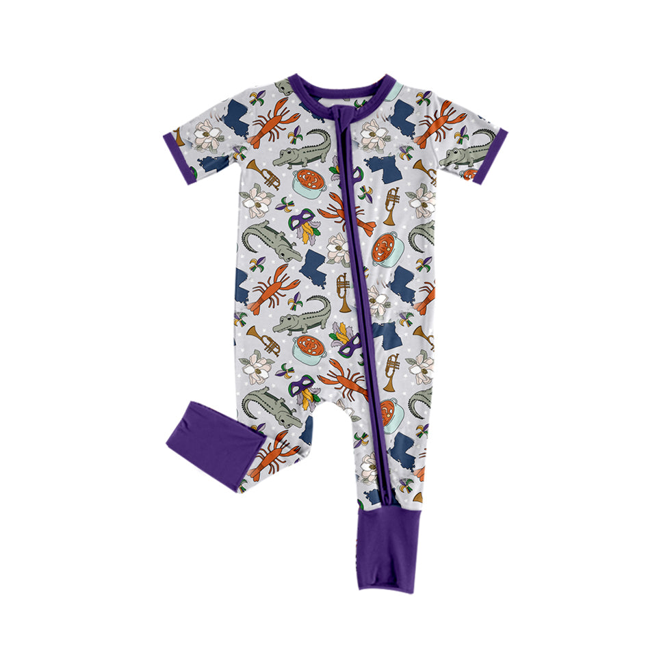 preorder SR2053 Mardi Gras crocodile crayfish purple short sleeve zipper girls romper