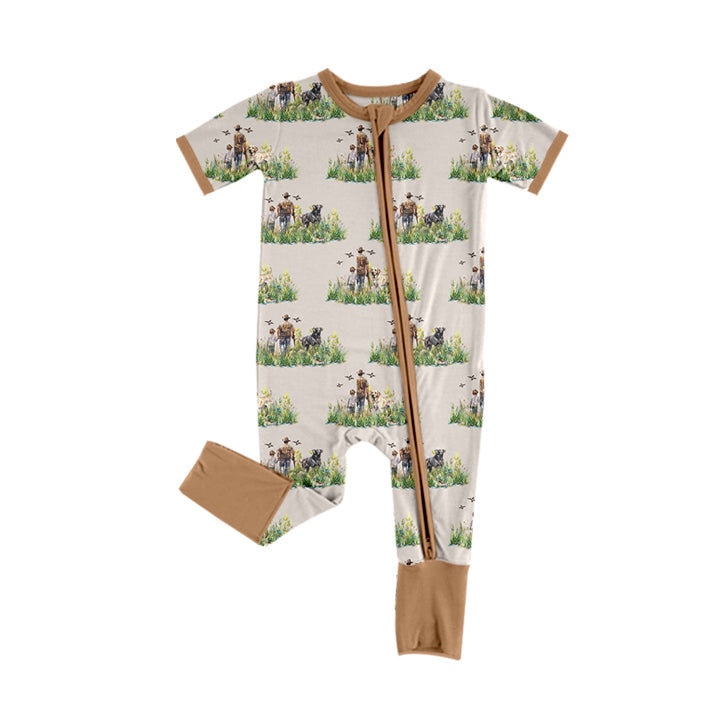 preorder SR2065 hunting season dog daddy and me brown short sleeve zipper boys romper