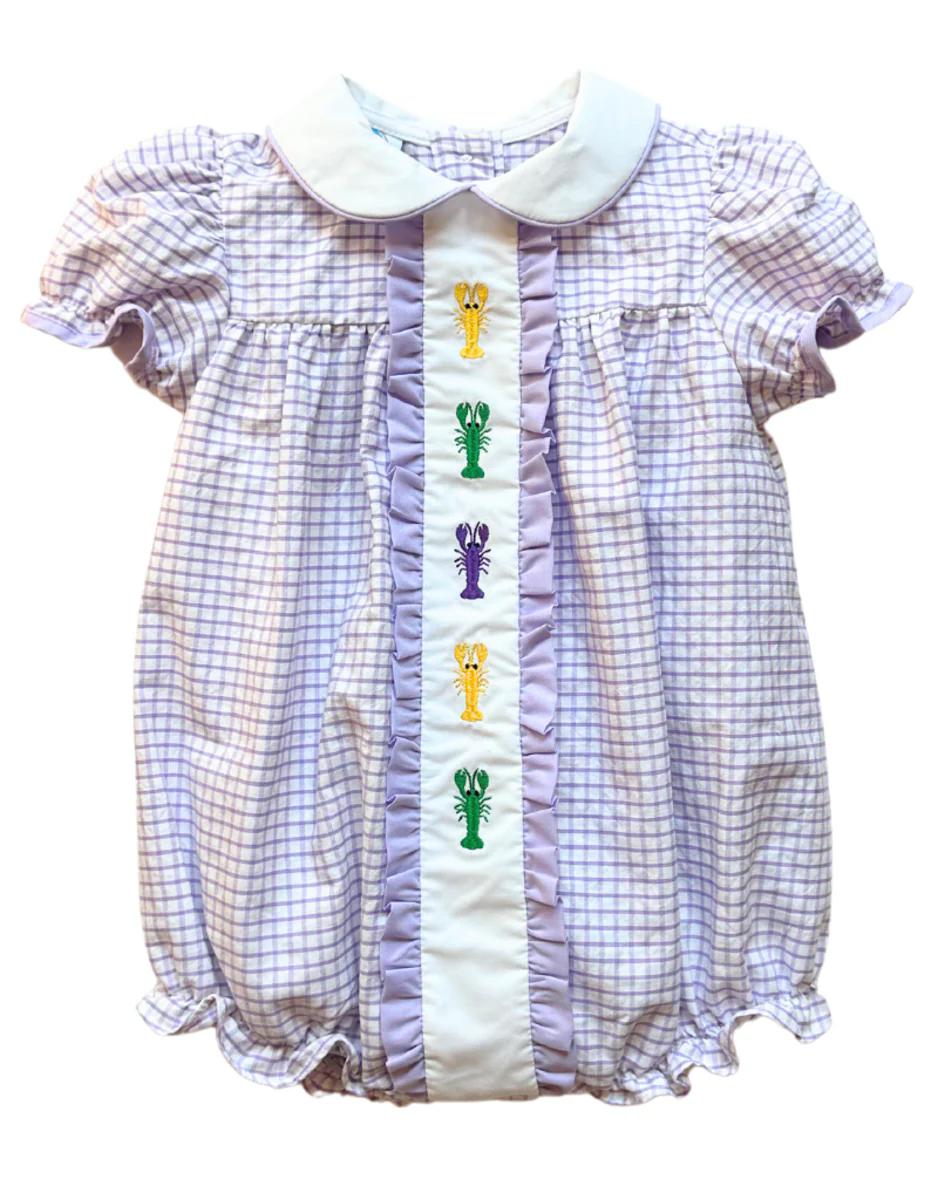 preorder SR2077 Mardi Gras crayfish purple checkered short sleeve girls romper