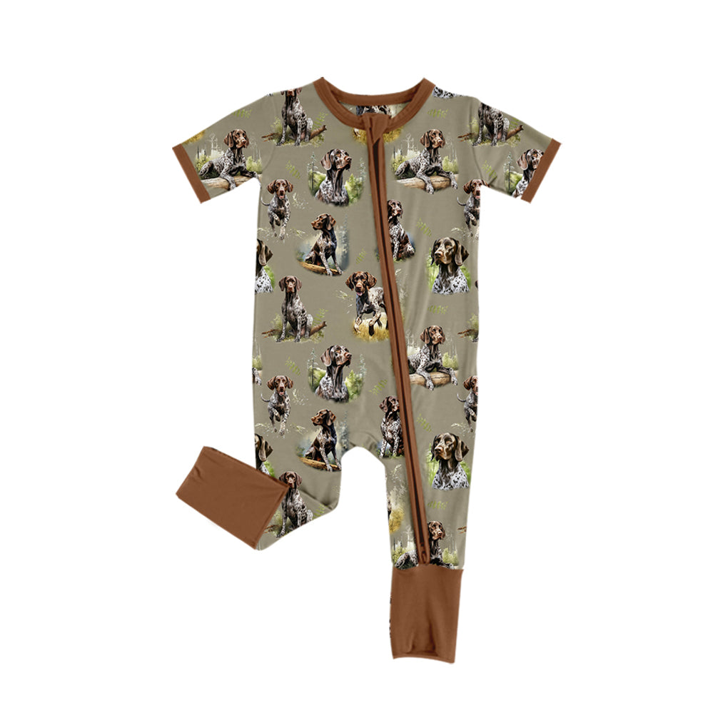 preorder SR2079 Hunting season dog brown short sleeve zipper boys romper
