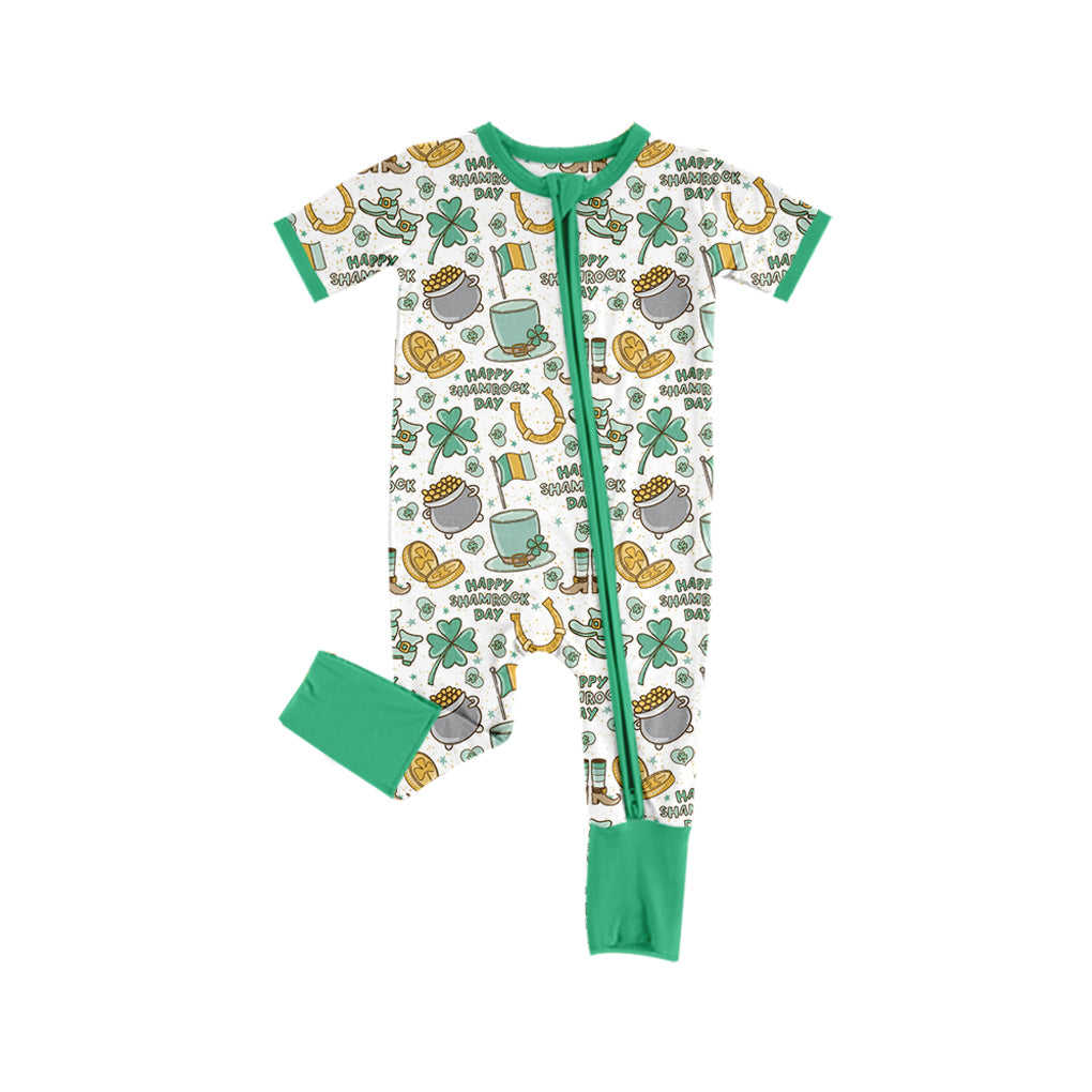 preorder SR2081 St Patrick happy shamrock day clover green short sleeve zipper boys romper