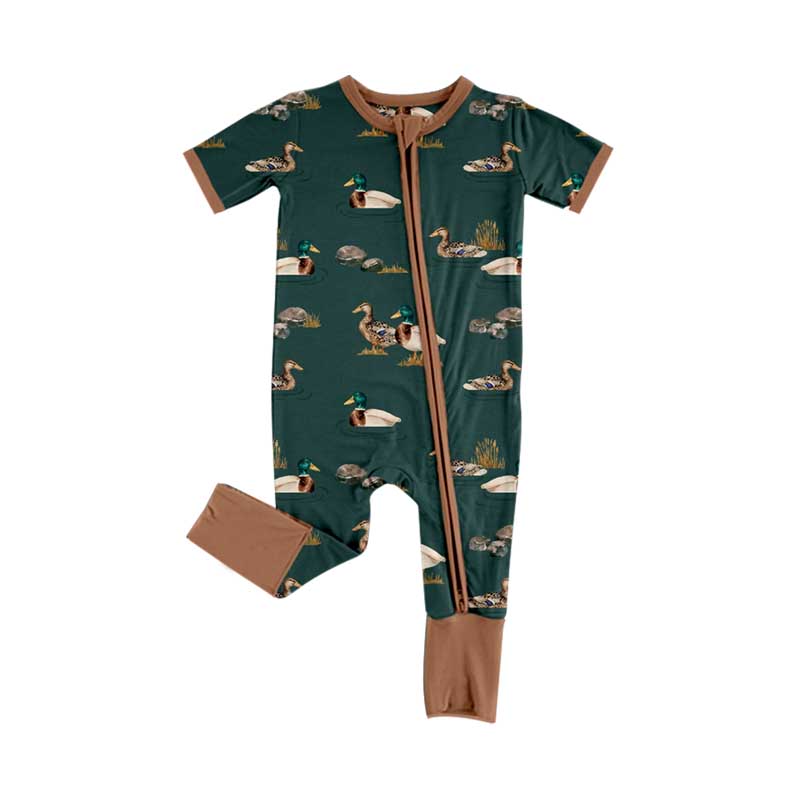 preorder SR2082 hunting season mallard duck dark green short sleeve zipper boys romper