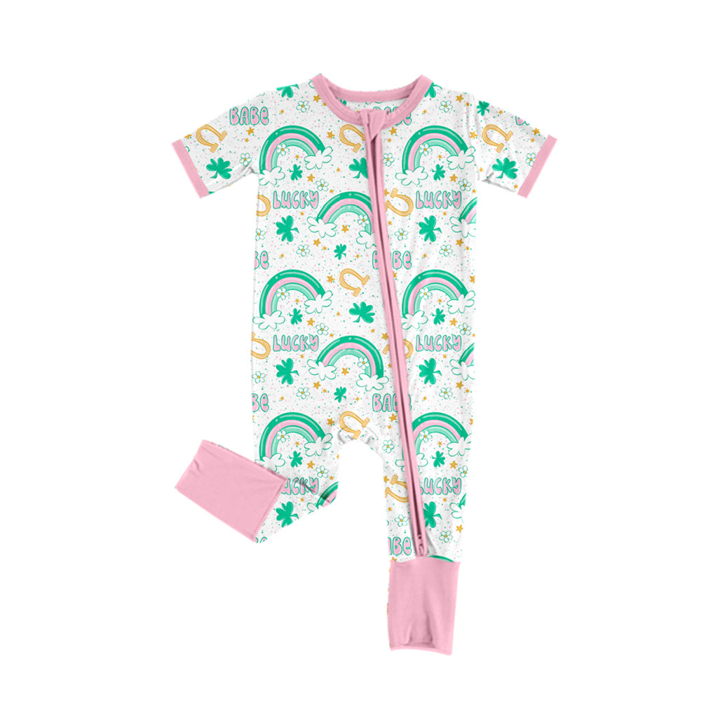 preorder SR2088 St Patrick lucky rainbow green pink short sleeve zipper girls romper
