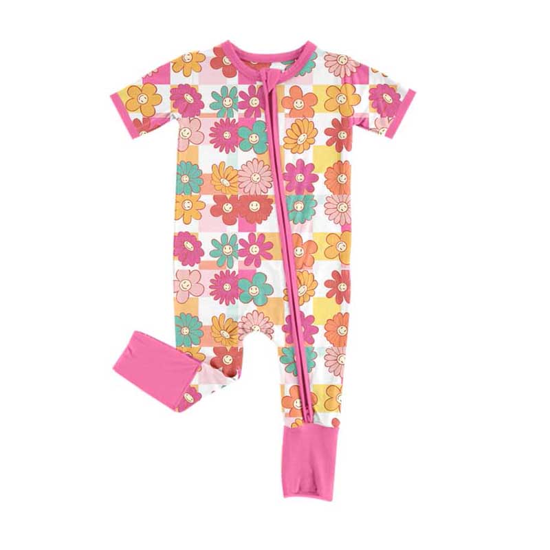 preorder SR2092 smile colorful flowers hot pink short sleeve zipper girls romper