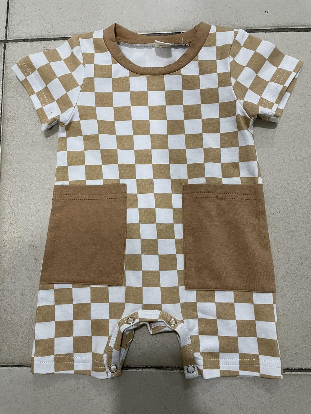 preorder SR2098 khaki checkered short sleeve boys romper