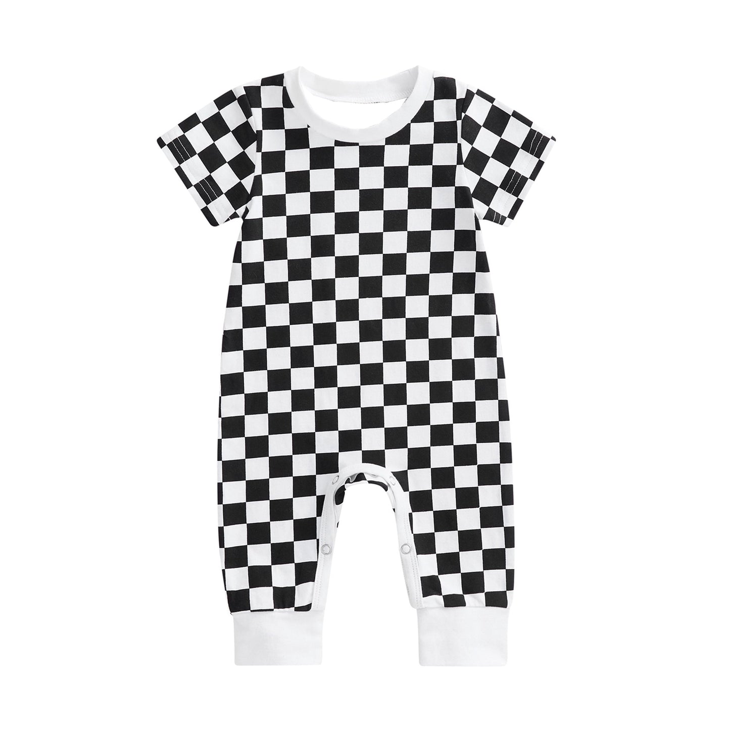 preorder SR2100 black checkered short sleeve boys romper