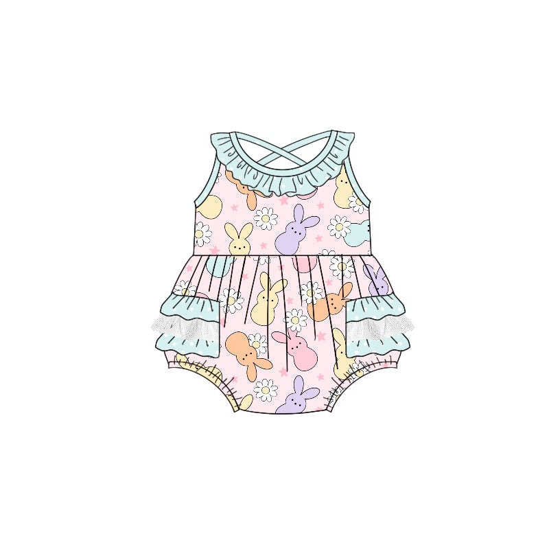 preorder SR2108 Easter bunny rabbit flowers pink aqua ruffles girls romper