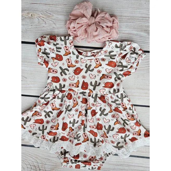 preorder SR2126 Western cactus boots hat short sleeve girls romper