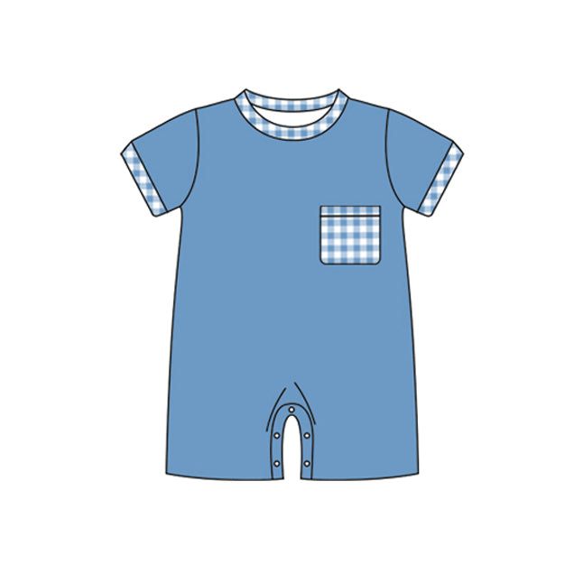 preorder SR2165 blue pocket checkered short sleeve boys romper