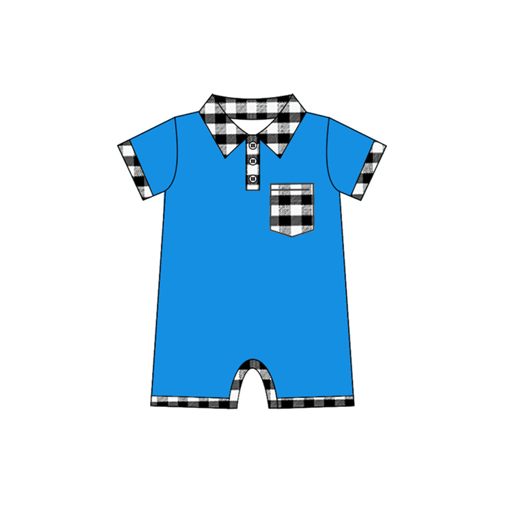 preorder SR2175 blue pocket black checkered short sleeve boys romper