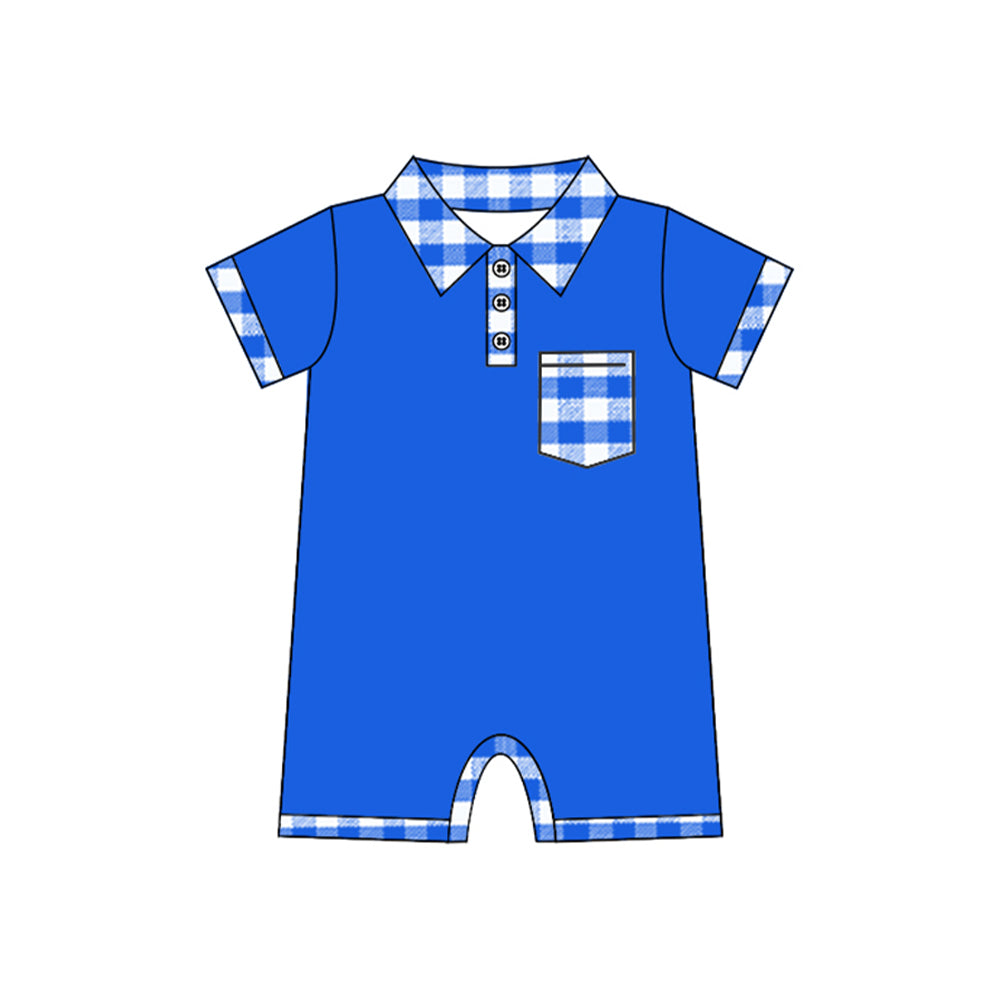 preorder SR2177 blue pocket checkered pocket short sleeve boys romper
