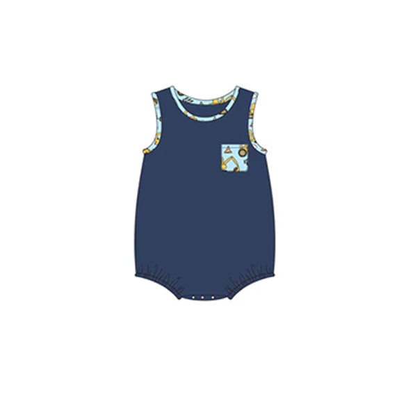 preorder SR2217 cute construction pocket navy blue sleeveless boys romper