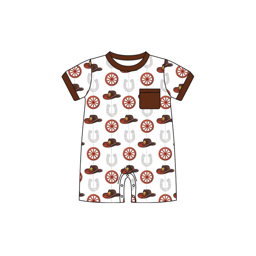 preorder SR2242 Western hat maroon pocket short sleeve boys romper