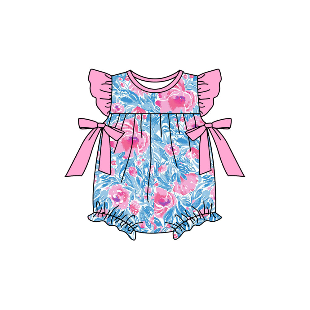 preorder SR2247 hot pink flowers blue print bows flutter sleeve girls romper
