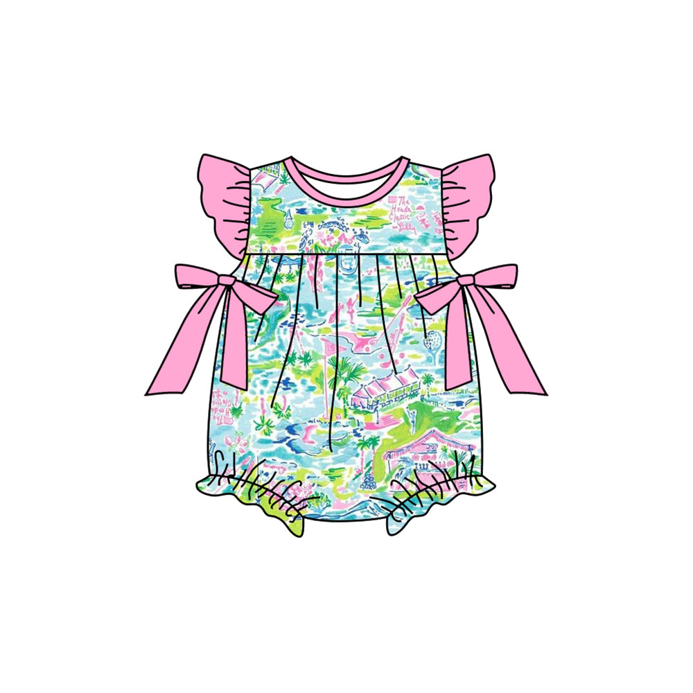 preorder SR2248 colorful house pavilion hot pink bows flutter sleeve girls romper