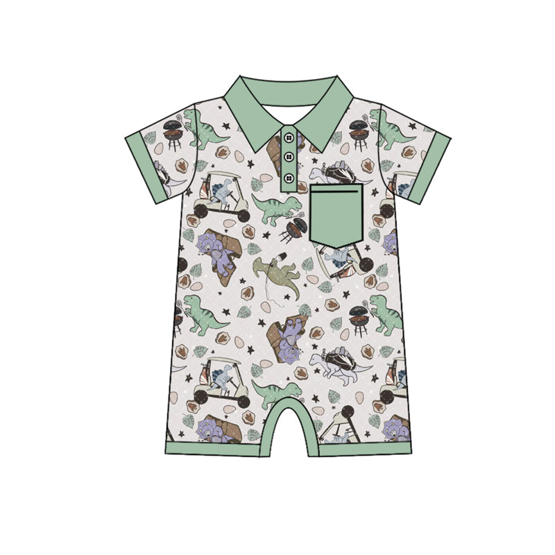 preorder SR2250 dinosaur golf car barbecue green pocket short sleeve boys romper