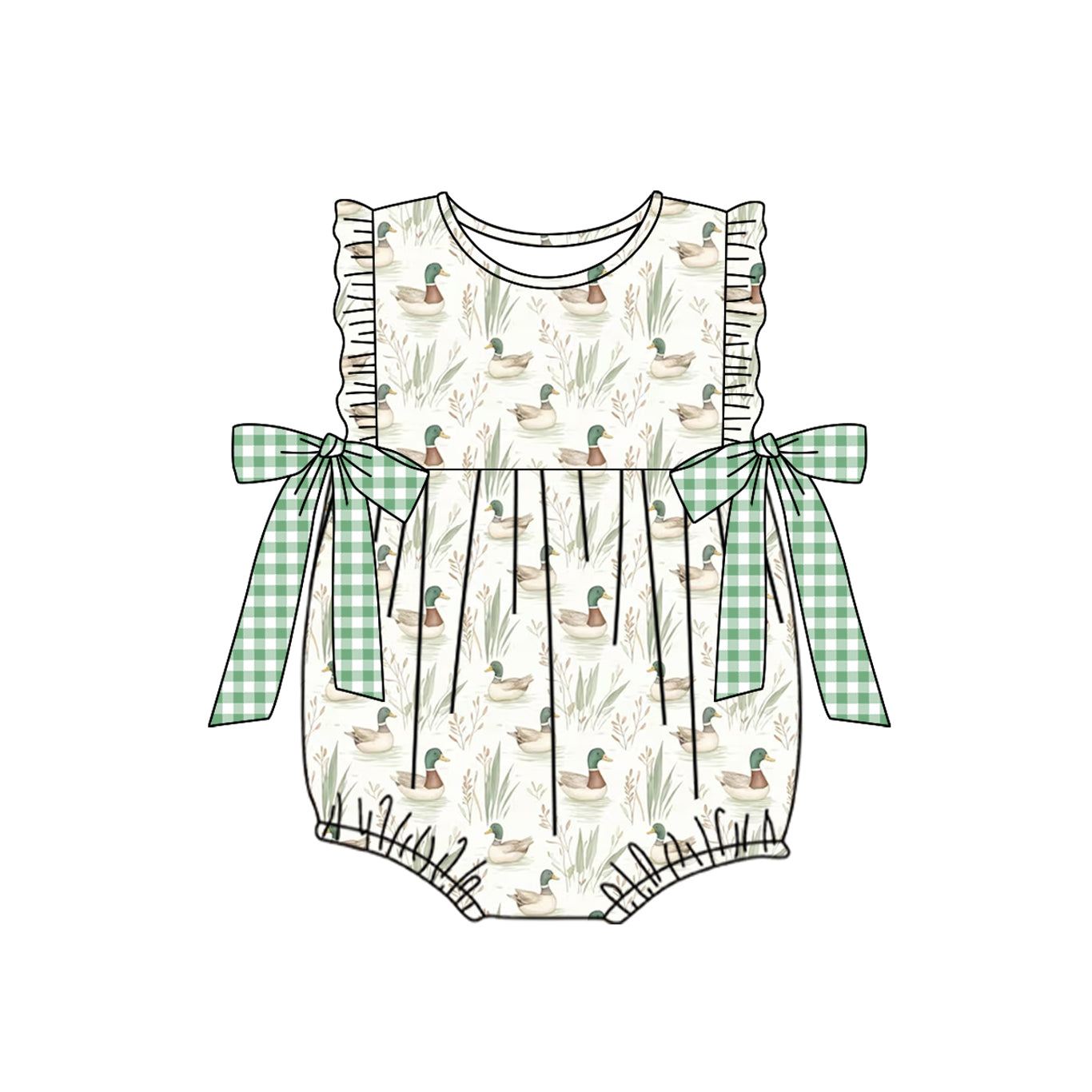 preorder SR2257 cute mallard duck bows green checkered flutter sleeve girls romper