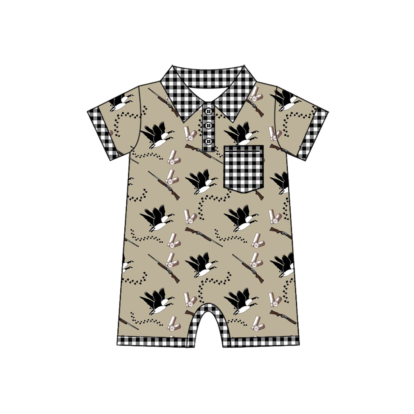 preorder SR2259 hunting mallard duck brown pocket short sleeve boys romper