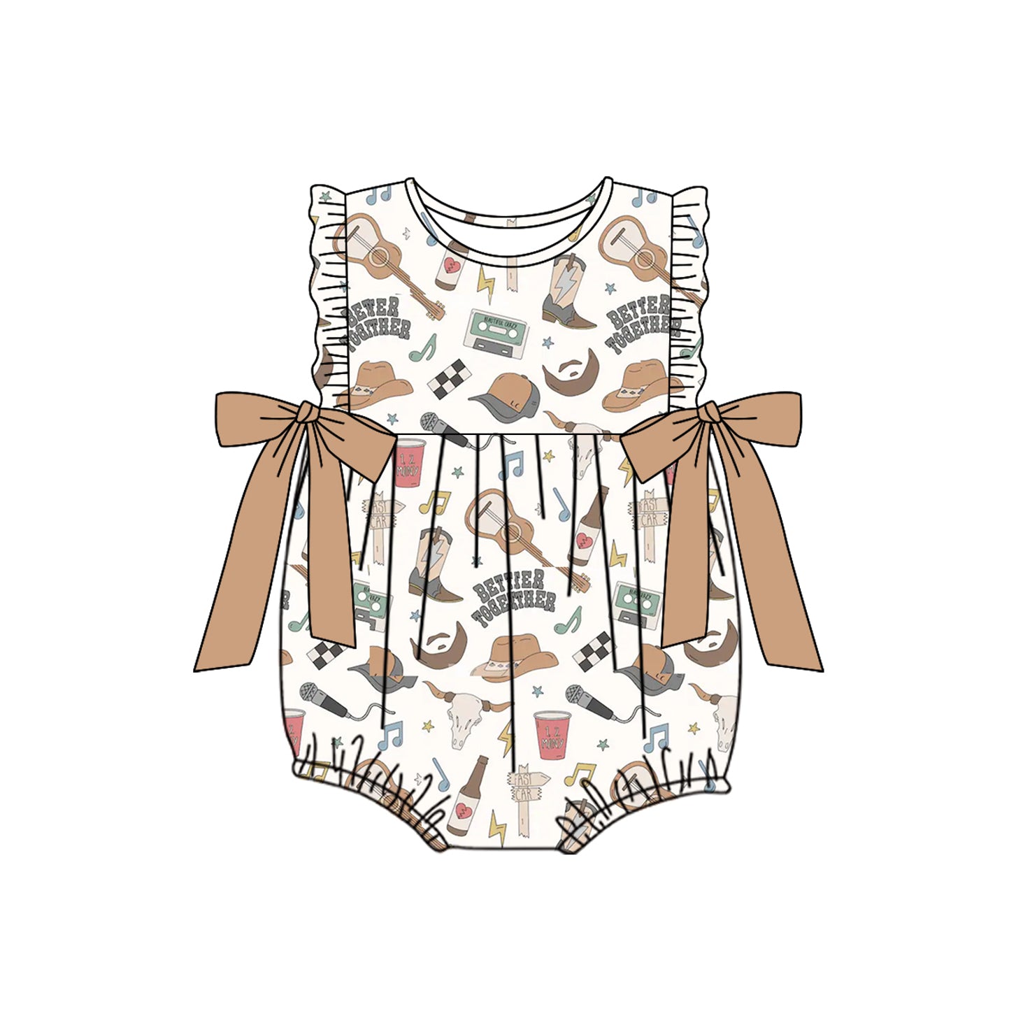 preorder SR2271 Western boot cow bettier togettyer brown bows flutter sleeve girls romper