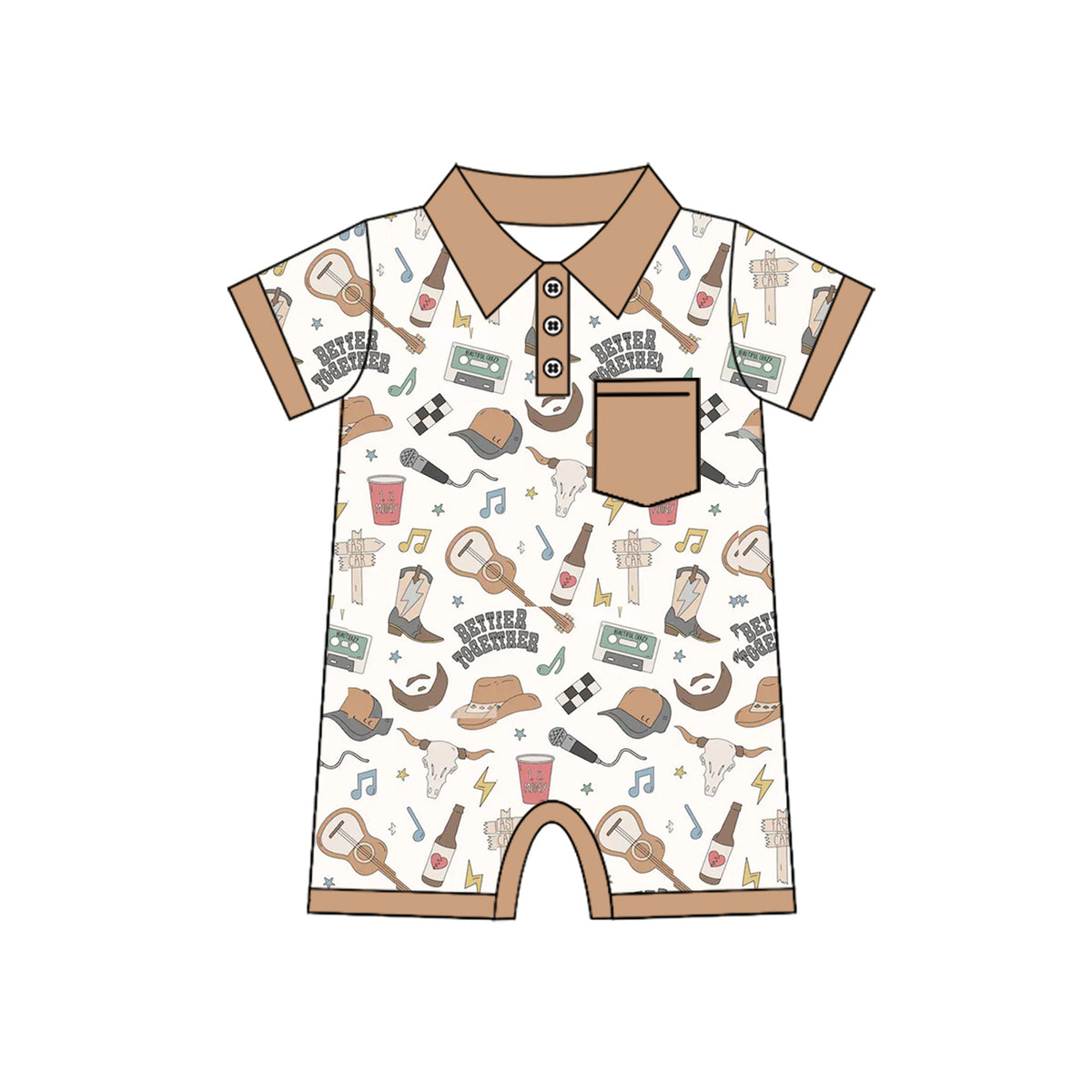 preorder SR2272 Western boot cow bettier togettyer brown pocket short sleeve boys romper