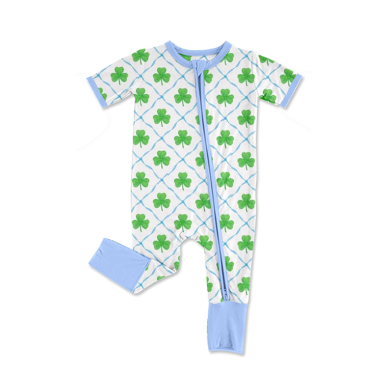preorder SR2274 St Patrick clover blue short sleeve zipper boys romper