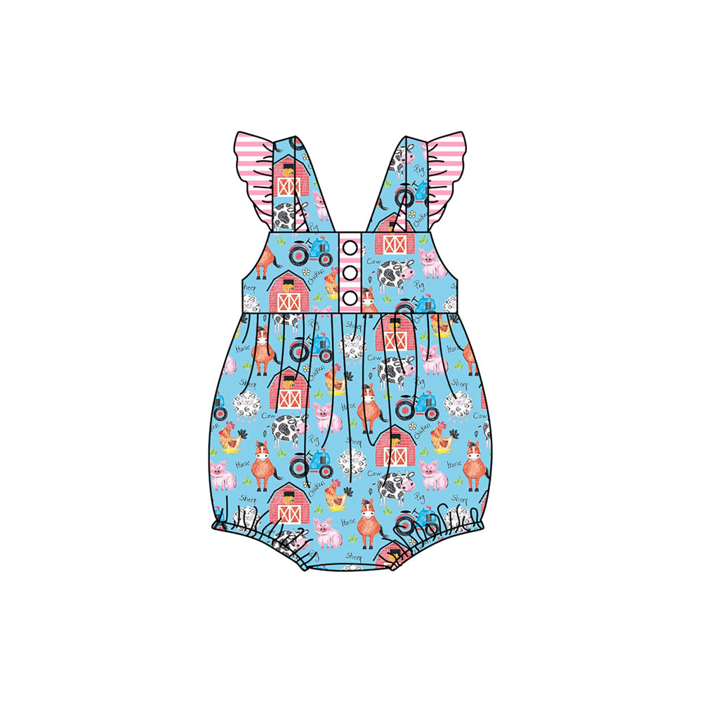 preorder SR2283 farm chick tractor house horse blue flutter sleeve girls romper