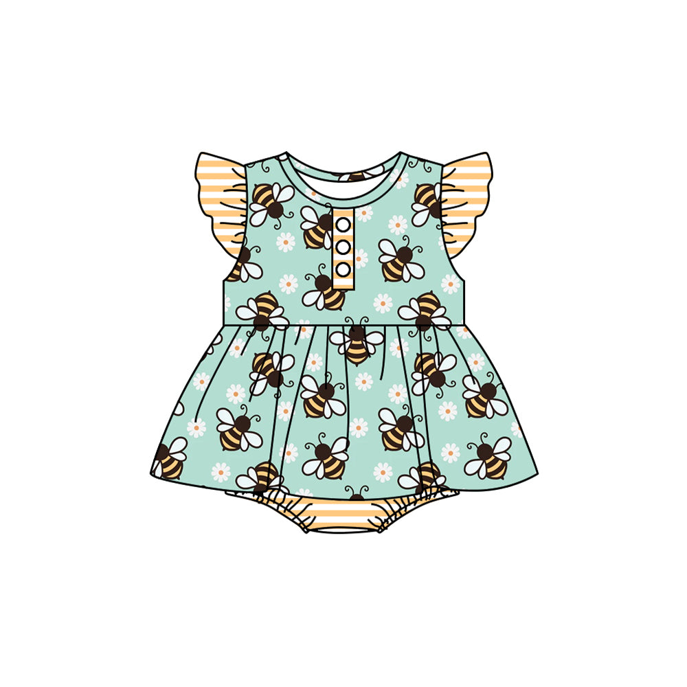preorder SR2284 cute bee flowers green flutter sleeve girls romper