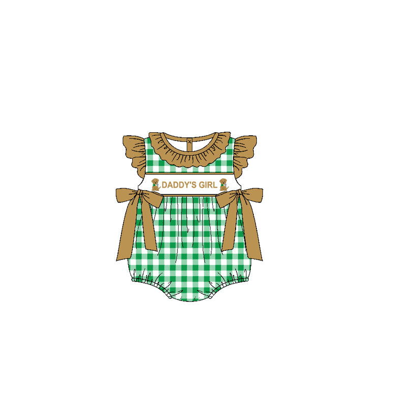 preorder SR2302 hunting daddy's girl dog green checkered bows flutter sleeve girls romper