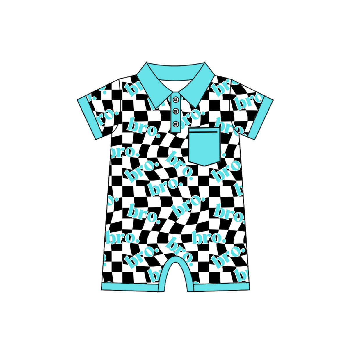 preorder SR2315 bro.brother black checkered pocket blue short sleeve boys romper