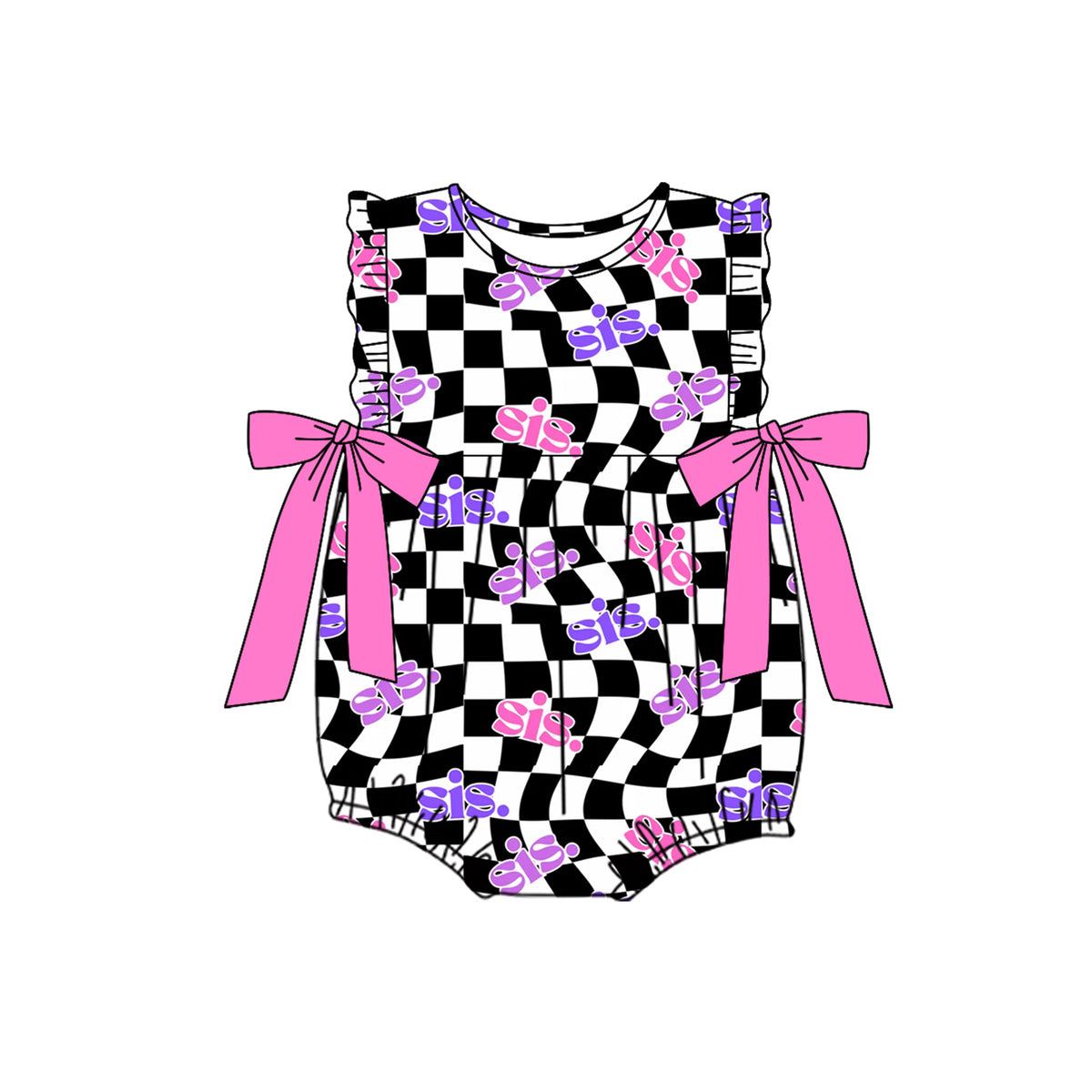 preorder SR2316 sis.sister black checkered hot pink bows flutter sleeve girls romper