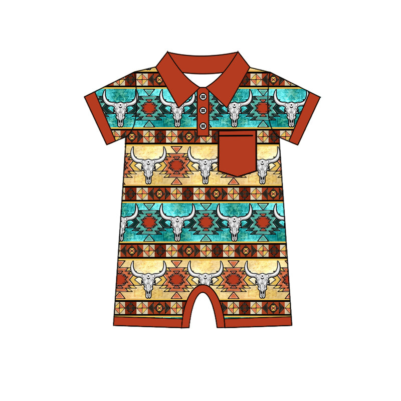 preorder SR2322 Western cow Aztec orange pocket short sleeve boys romper