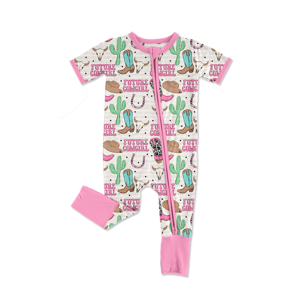 preorder SR2342 future cowgirl Western boot cactus cow pink short sleeve zipper girls romper