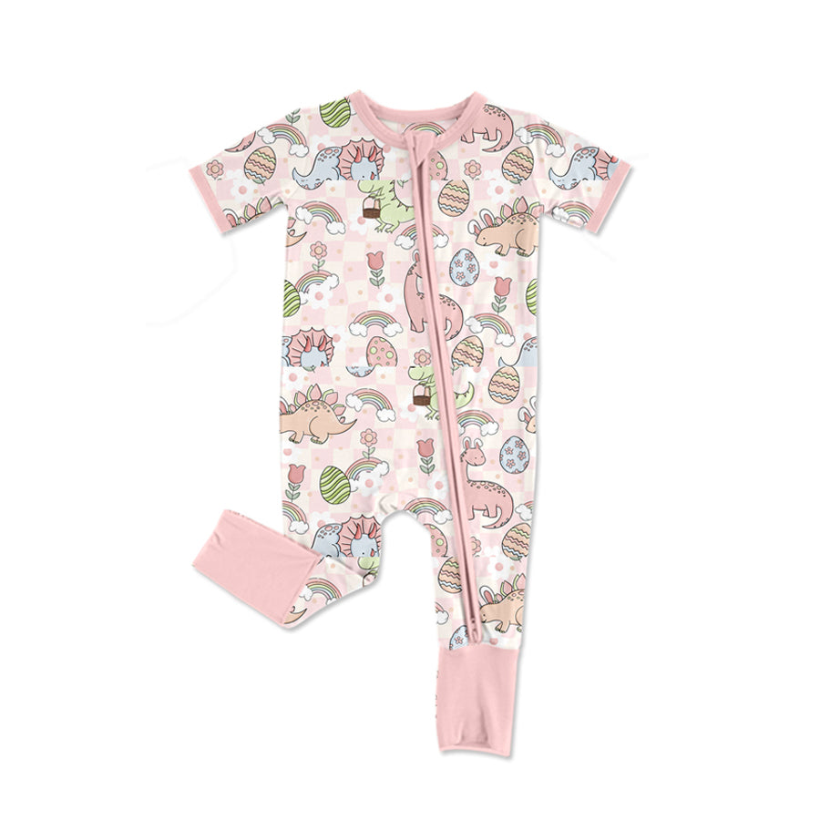preorder SR2343 Easter egg dinosaur rainbow pink short sleeve zipper girls romper