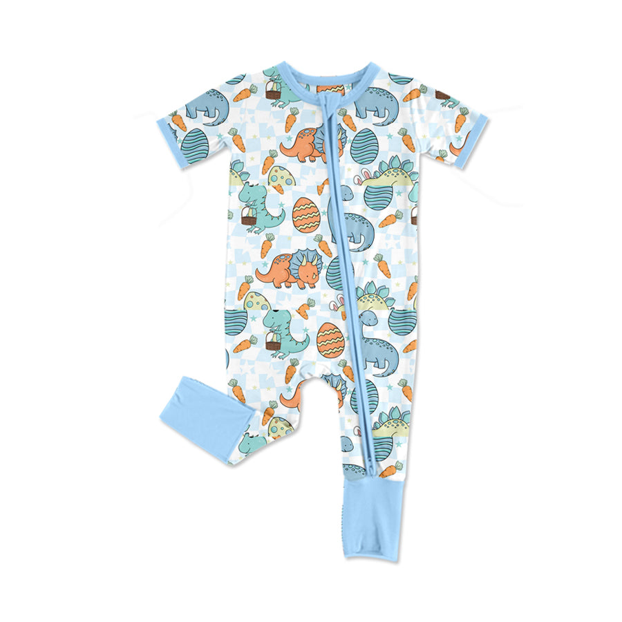 preorder SR2344 Easter dinosaur egg carrot blue short sleeve zipper boys romper