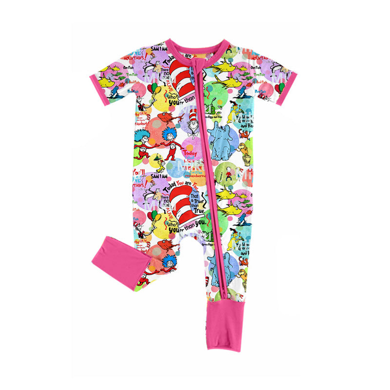 preorder SR2366 Friends Cartoon Dr Elephant Hot Pink Zipper Short Sleeve Girls Romper