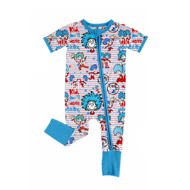 preorder SR2367 Cartoon Dr Elephant Blue Zipper Short Sleeve Girls Romper