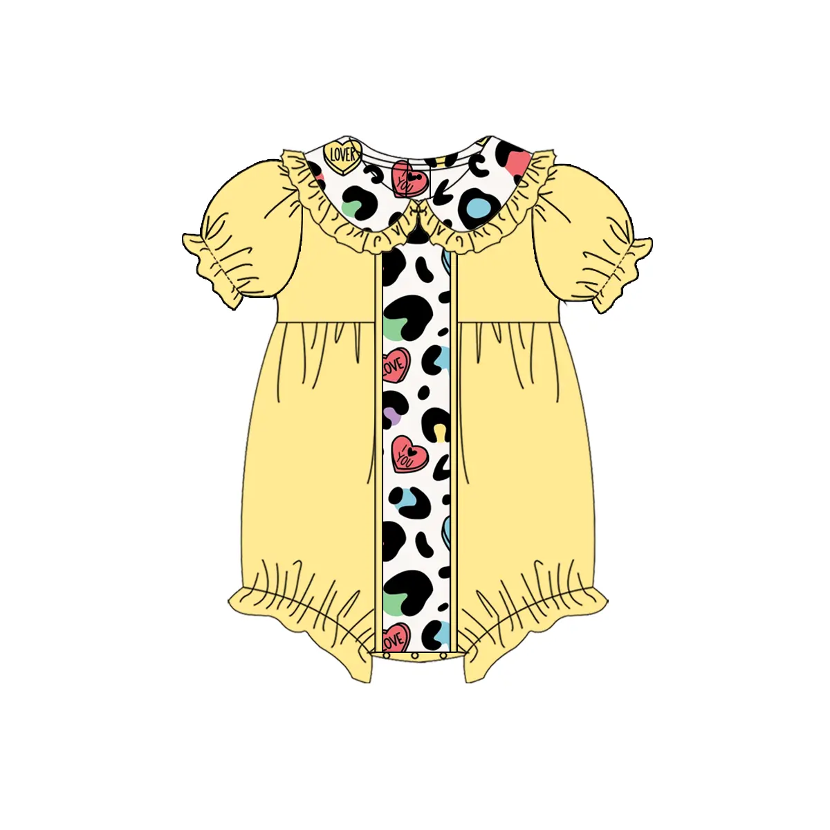 preorder SR2369 Valentine's Day I Love You Heart leopard yellow Short Sleeve Girls Romper