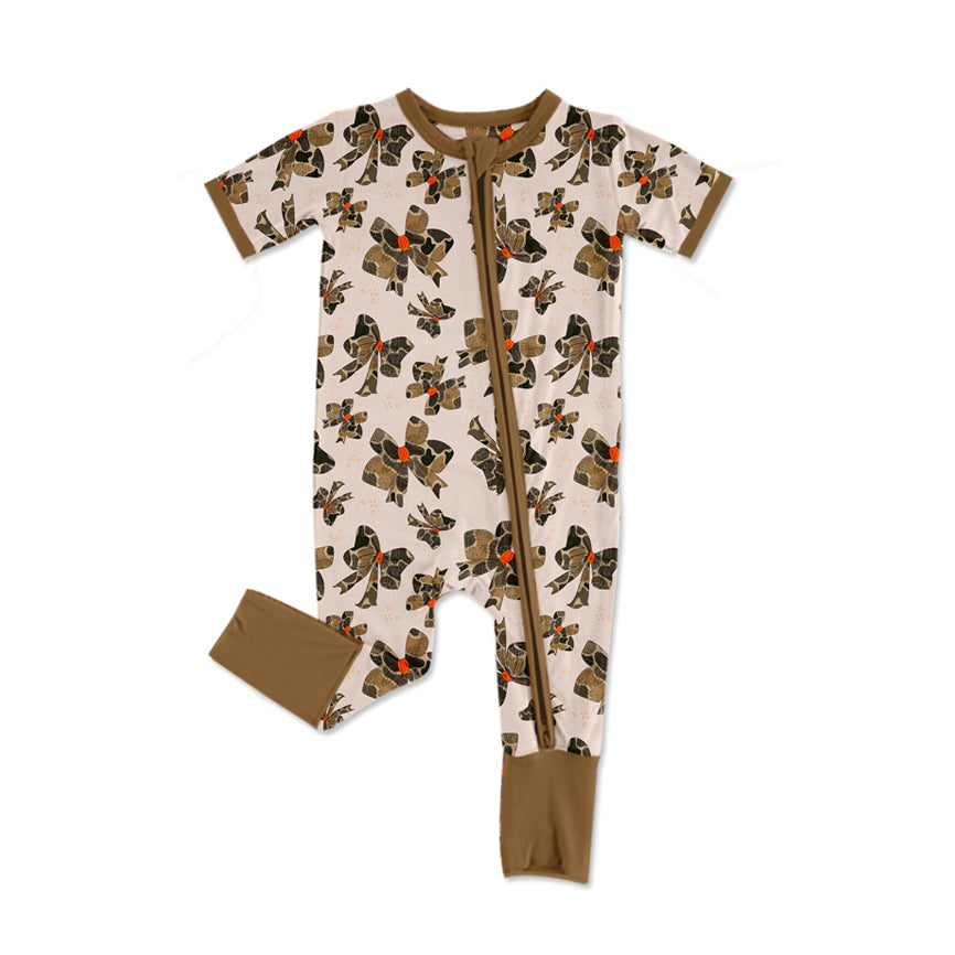 preorder SR2400 Camo Bows Brown Short Sleeve Zipper Girls Romper