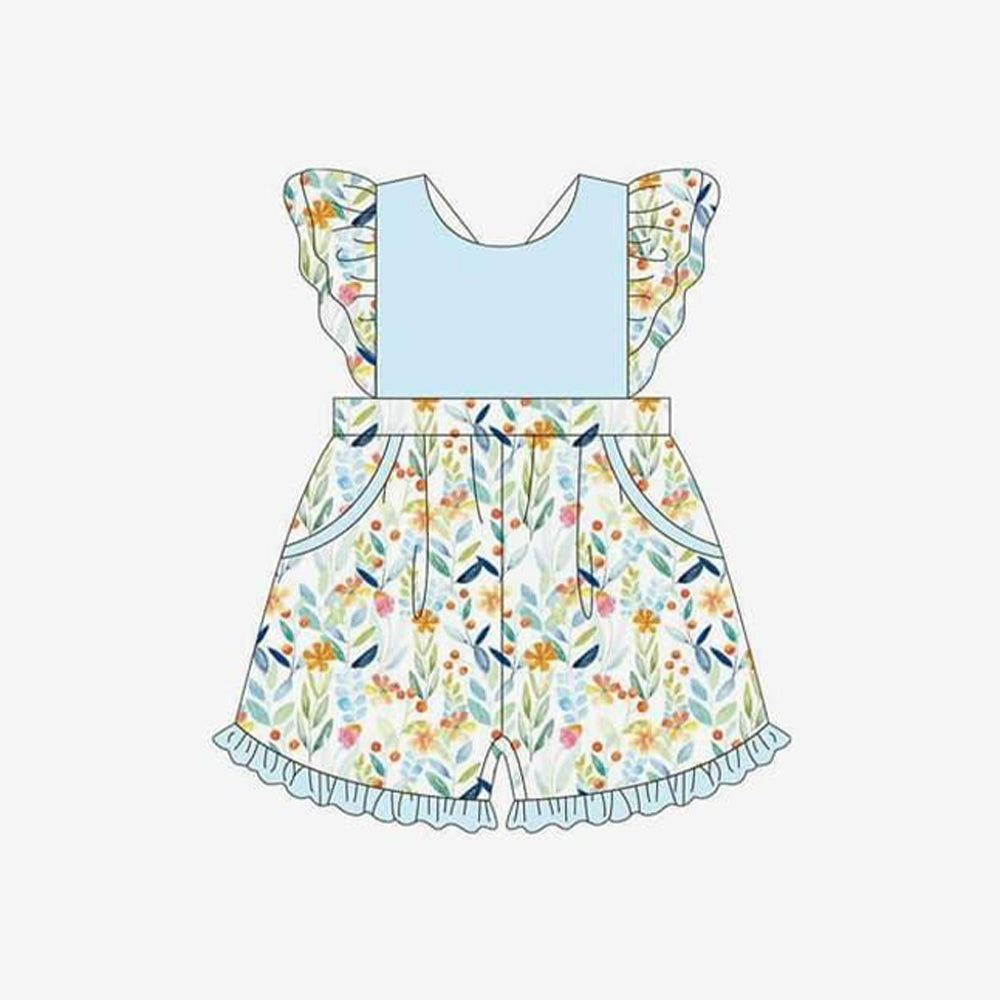 preorder SR2416 Colorful Flowers Sky Blue Flutter Sleeve Girls Romper